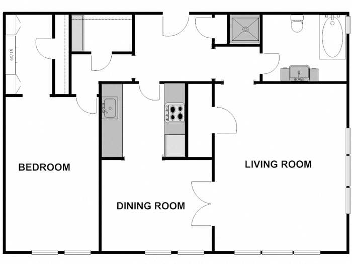 Floor plan for 1 bed, 1 bath, 950 sqft